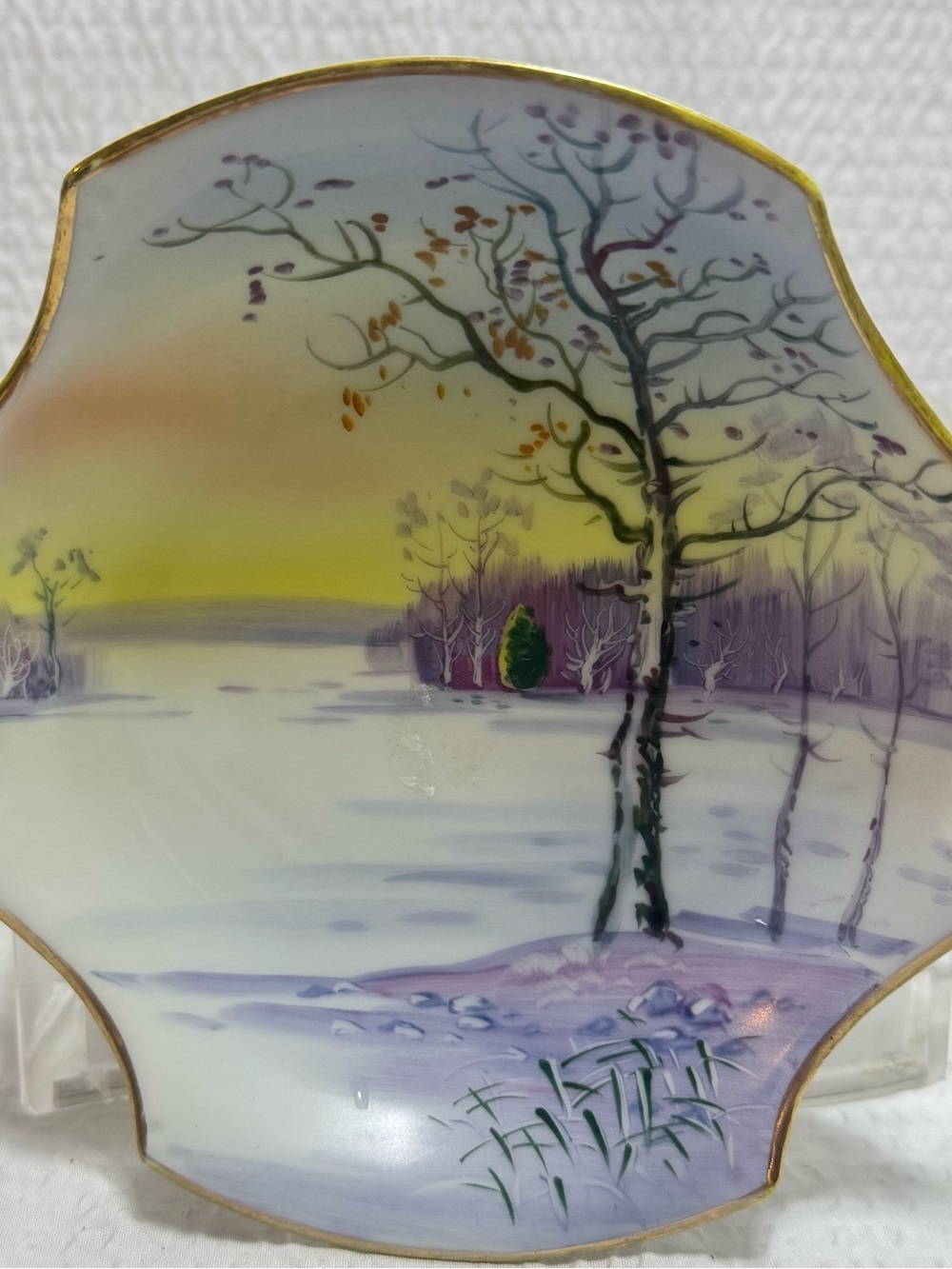 Vintage Hand-Painted Winter Landscape Decorative Plate - Purple and Yellow